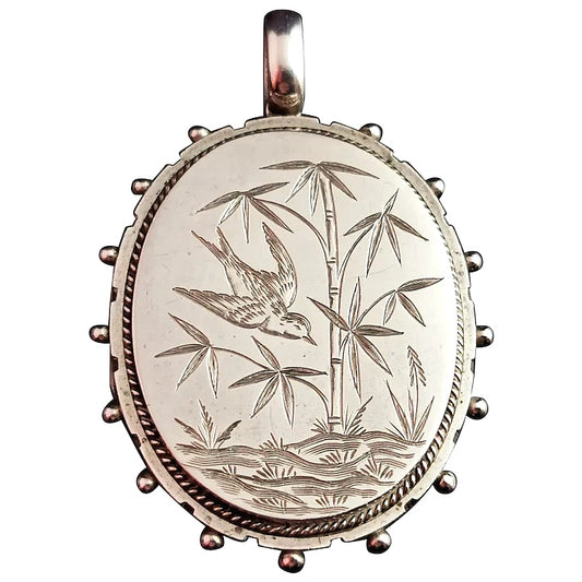 Antique Victorian silver Swallow locket, aesthetic era