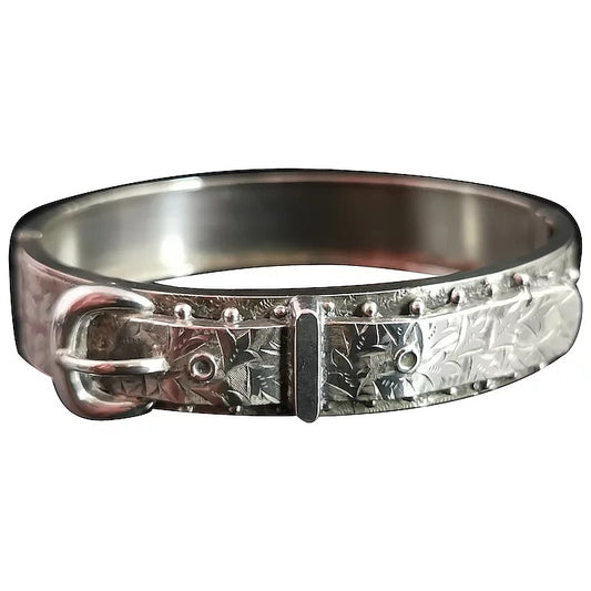 Victorian silver buckle bangle, ivy engraved