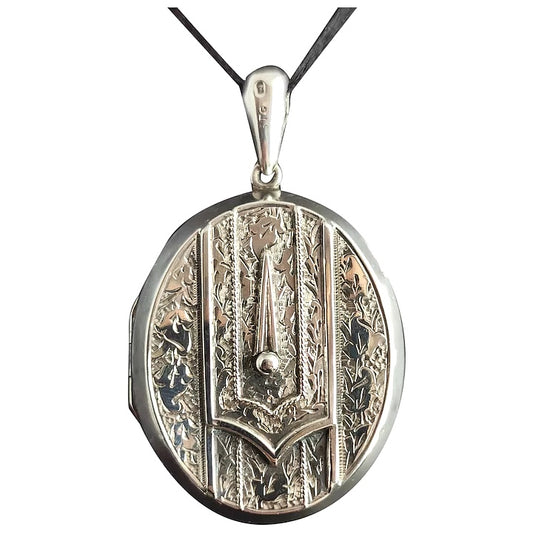 Victorian silver buckle locket, large, engraved