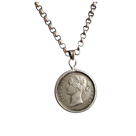 Victorian silver coin pendant, Indian Rupee, necklace