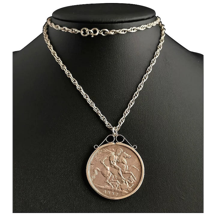 Antique Victorian silver coin pendant, necklace