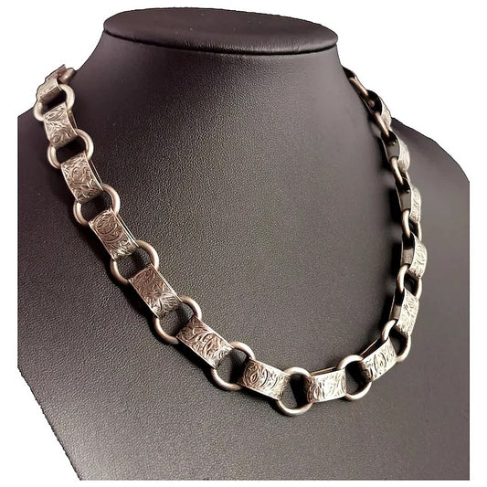 Antique Victorian silver collar necklace, engraved links