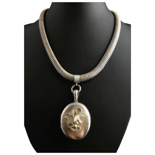Victorian silver collar necklace, floral locket