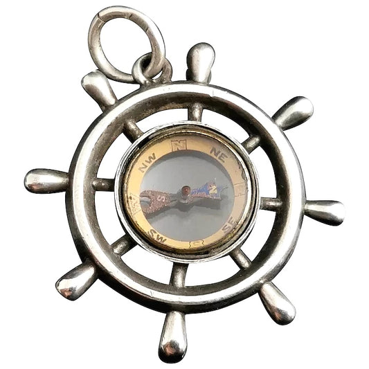 Victorian silver compass pendant, Ships Wheel, fob