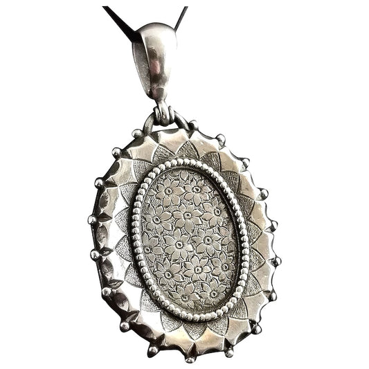 Antique Victorian silver locket pendant, Forget me not flowers