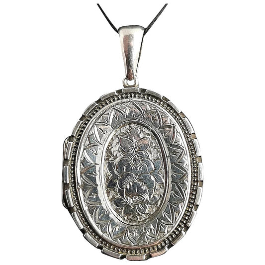 Victorian silver locket, pendant, Ivy and Floral engraved
