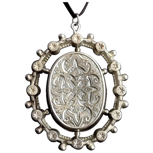Victorian silver pendant, aesthetic era, engraved