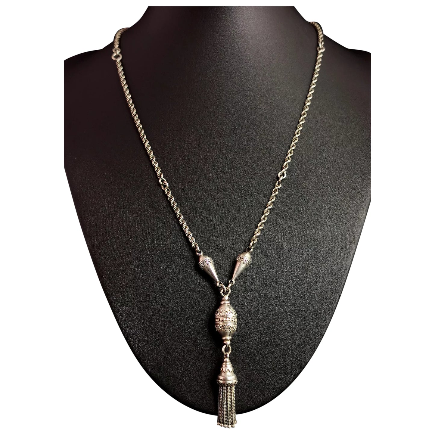 Antique Victorian silver tassel necklace, rope twist