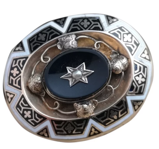 Antique mourning brooch, Victorian gold, enamel and pearl brooch