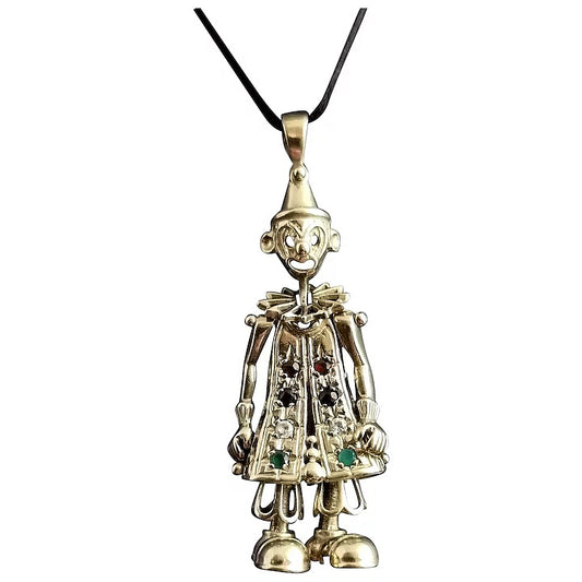 Vintage 9k yellow gold clown pendant, Articulated, Gemstone, 1990s