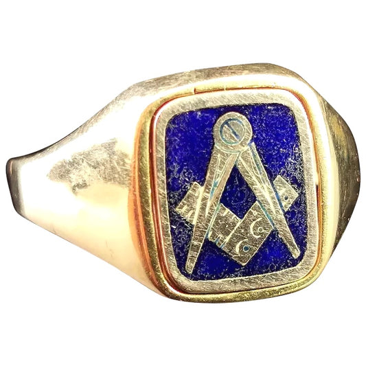 Vintage 9ct gold Masonic swivel ring, signet, blue enamel