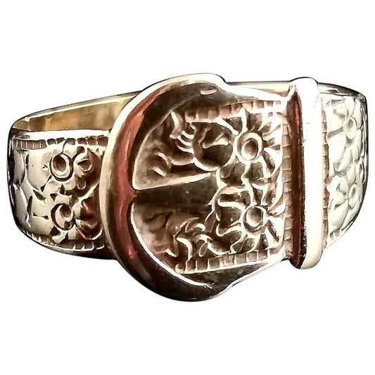 Vintage 9ct gold buckle ring, floral, yellow gold