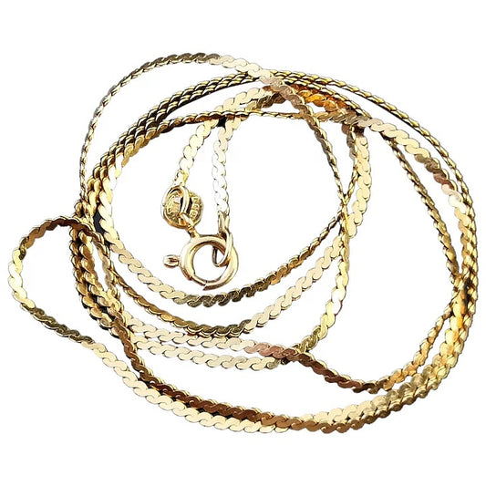 Vintage 9ct yellow gold chain necklace, wavy herringbone link, 1970s, 24 inch