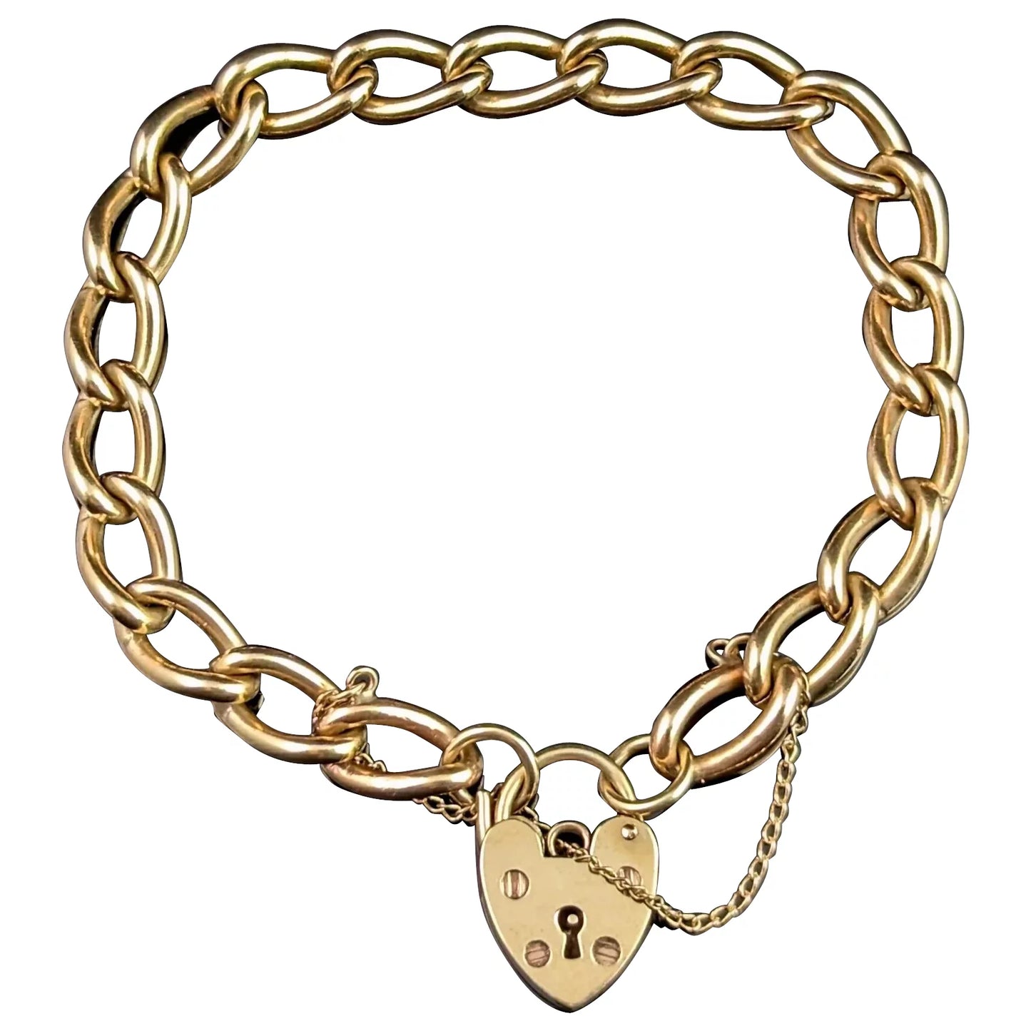 Vintage 9ct gold curb link bracelet, heart padlock clasp