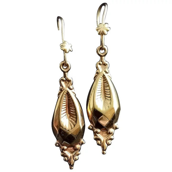 Vintage 9ct yellow gold dangly earrings, Victorian revival