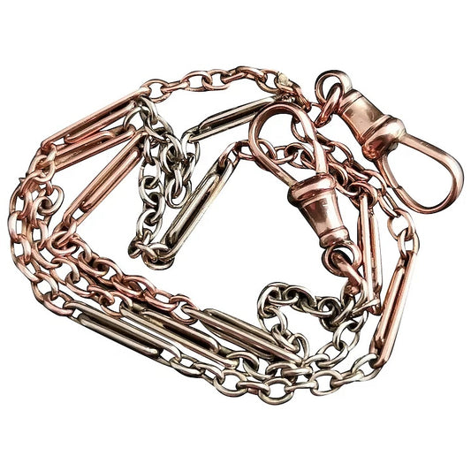 Vintage Art Deco fancy link Albert chain, 9ct two colour gold, paperclip link, watch chain