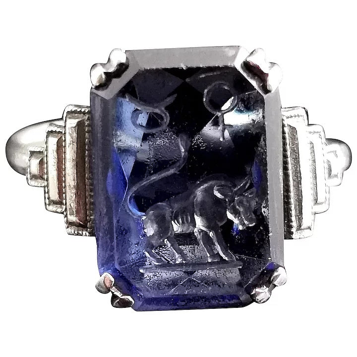 Vintage Art Deco Zodiac intaglio ring, sterling silver, Taurus