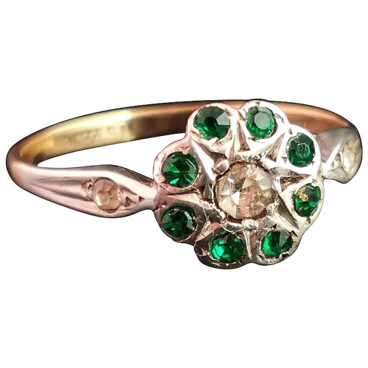 Art Deco flower ring, 9ct gold and silver, Emerald paste