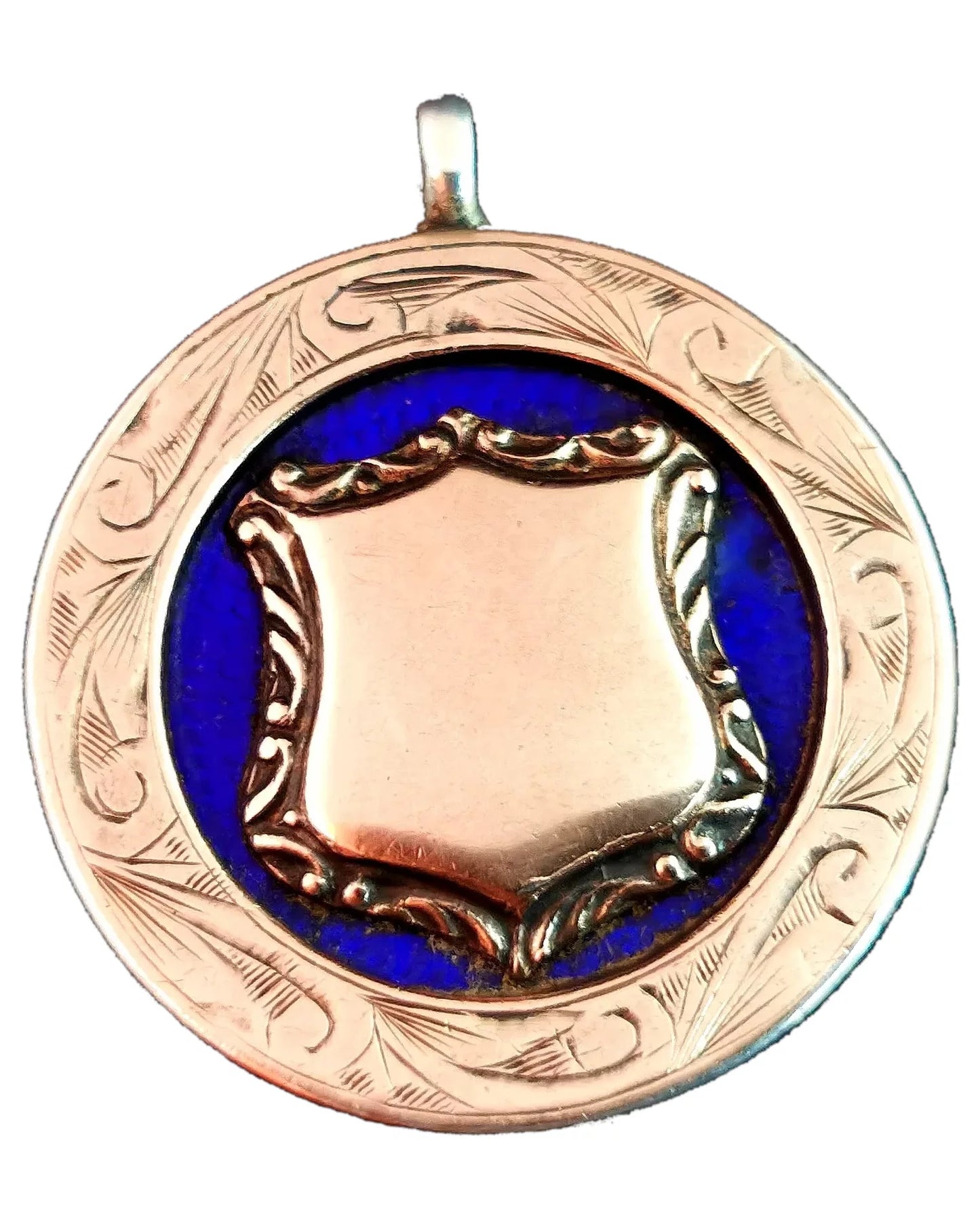Vintage Sterling silver, 9ct Rose gold and blue enamel fob pendant