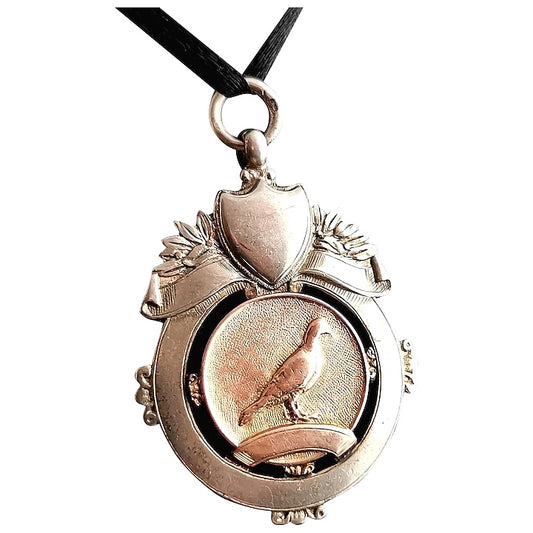 Vintage Art Deco silver and Rose gold fob pendant, Pigeon