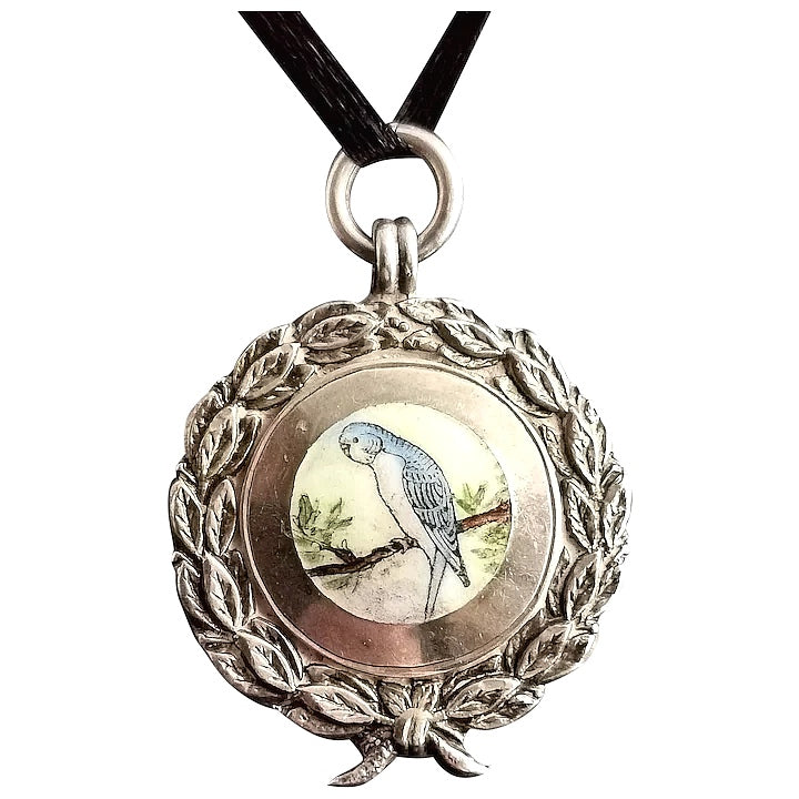 Art Deco silver and enamel watch fob pendant, Budgerigar