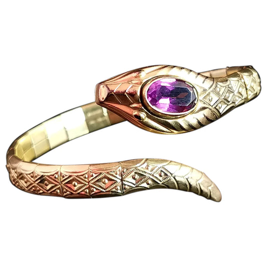 Vintage Art Deco snake bangle, rolled gold, Amethyst paste, Andreas Daub