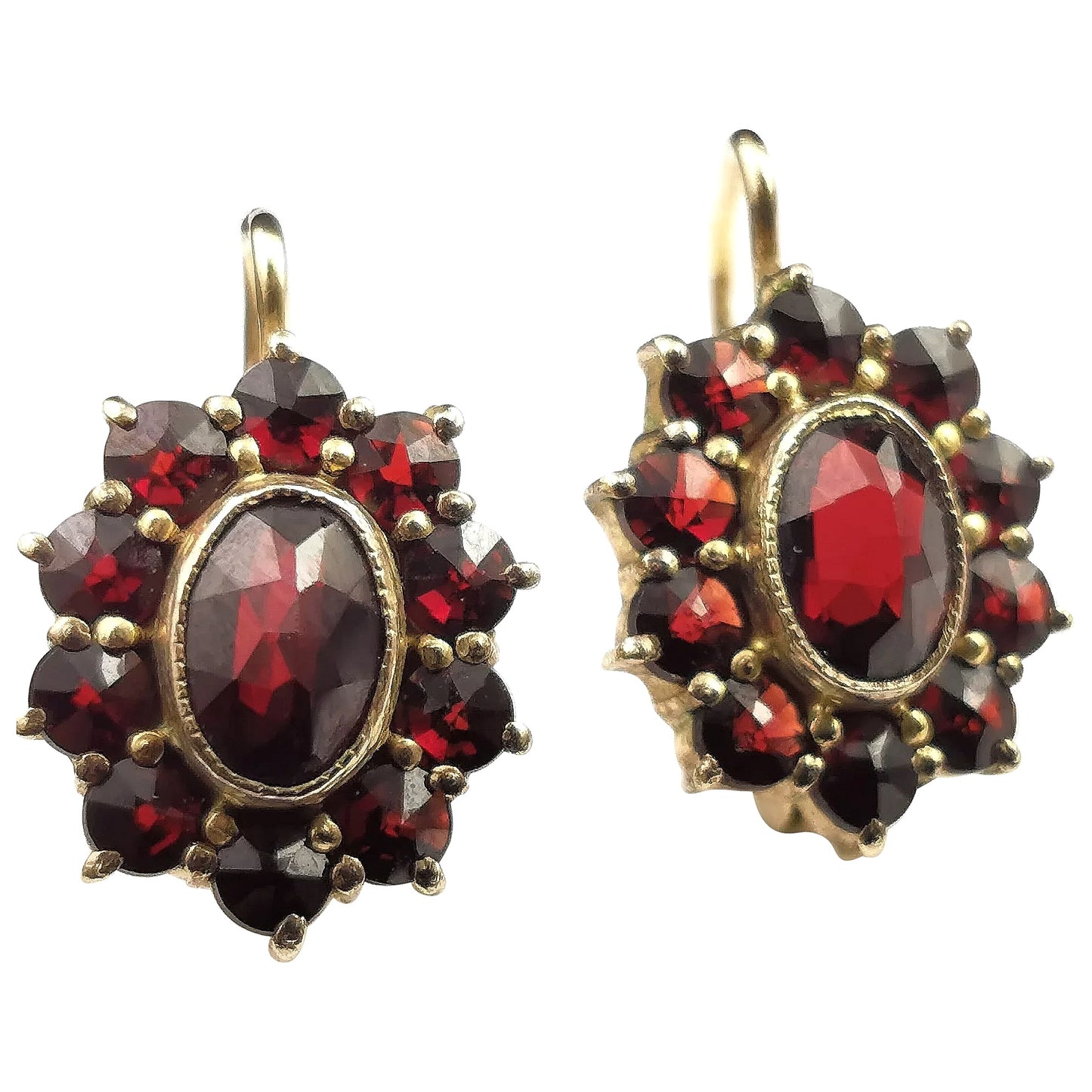 Vintage Bohemian garnet cluster earrings, 900 silver gilt