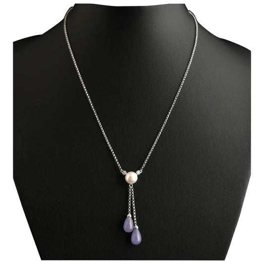 Vintage Art Deco style lariat necklace, Diamond, Pearl and Lavender Jade, 14ct white gold