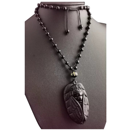 Vintage French Cicada pendant necklace, French Jet beads