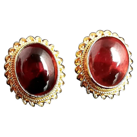 Vintage garnet cabochon earrings, 9ct gold