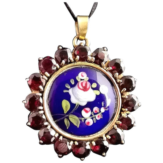 Vintage garnet floral pendant, 9ct gold, enamelled, Cobalt blue
