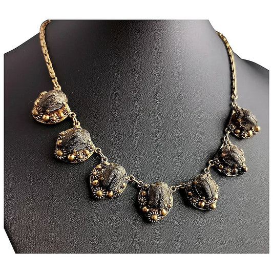 Vintage real scarab beetle necklace, gilt, c1940s