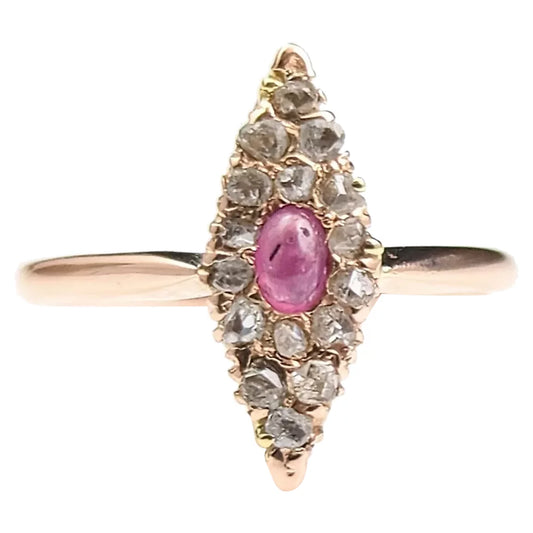 Vintage Ruby cabochon and rose cut Diamond navette ring, 14ct Rose gold