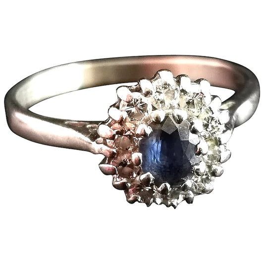 Vintage Sapphire and Diamond cluster ring, 18ct white gold
