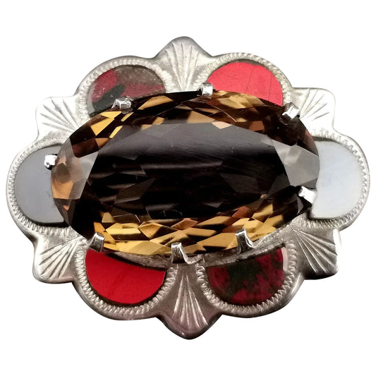 Vintage Scottish agate, silver and smoky quartz brooch