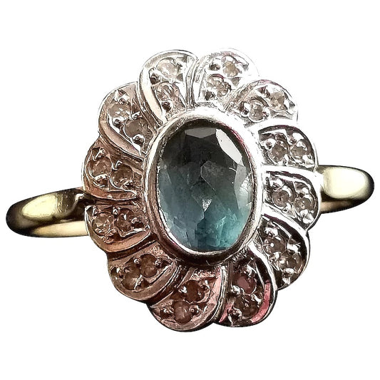 Vintage Blue Topaz and Diamond cluster ring, 9ct gold