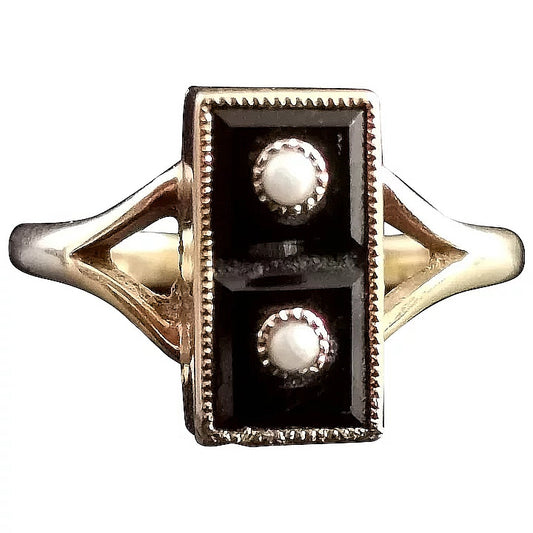 Vintage Onyx domino ring, 14ct gold, seed pearl