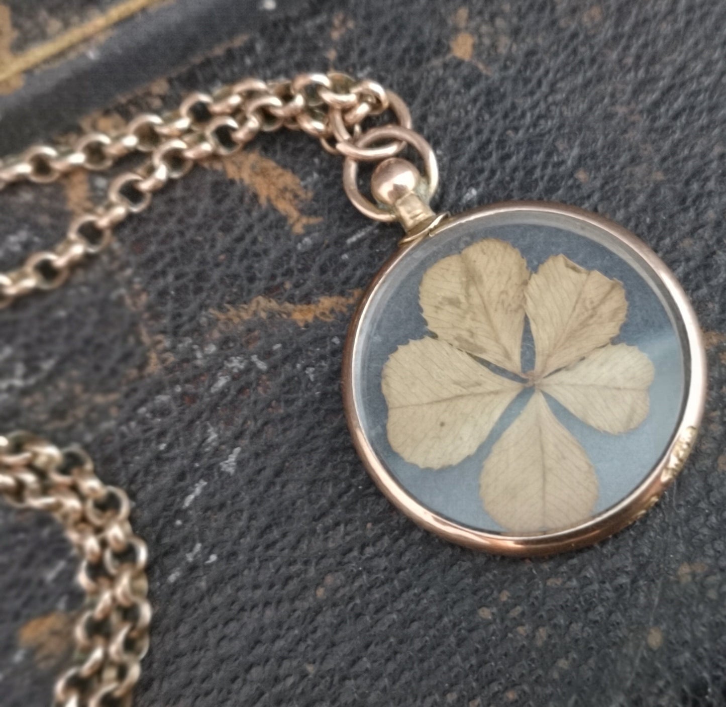 Antique gold shamrock pendant, necklace