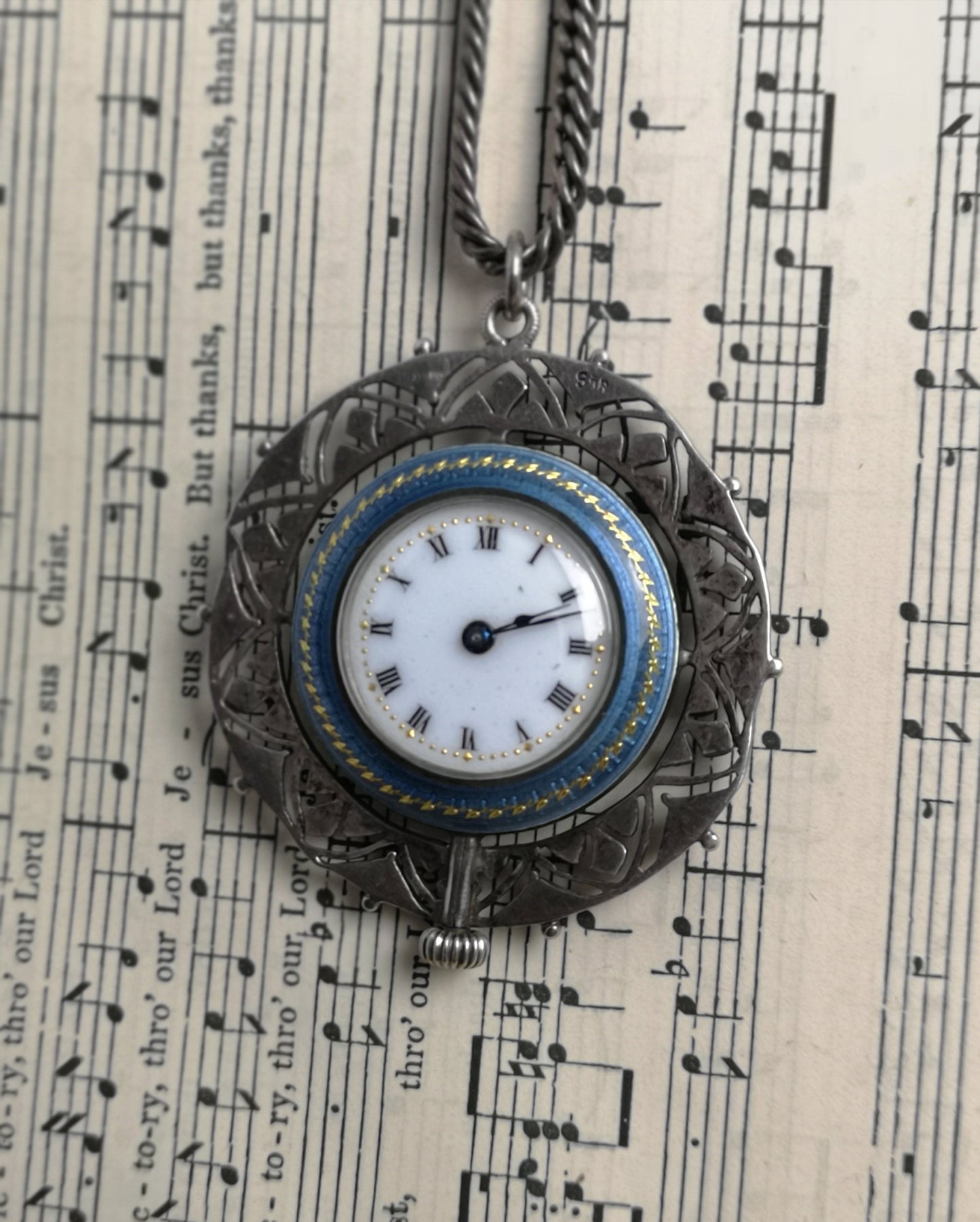 Antique sterling silver and guilloche enamel fob watch, marcasite pendant and silver chain