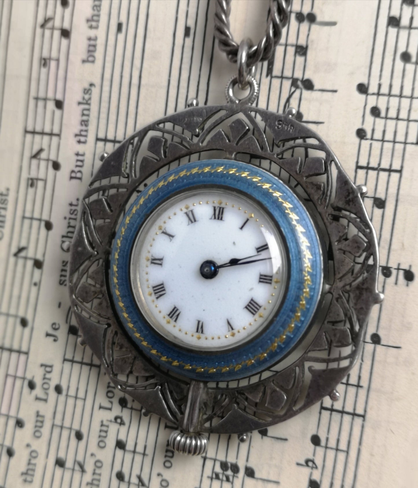 Antique sterling silver and guilloche enamel fob watch, marcasite pendant and silver chain