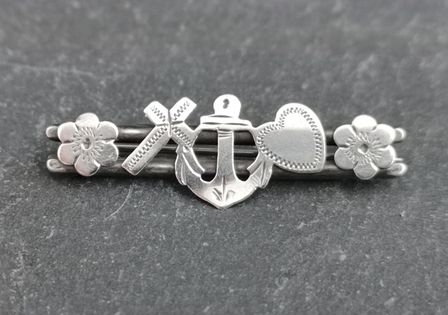 Antique faith, hope and charity brooch, Edwardian sterling silver