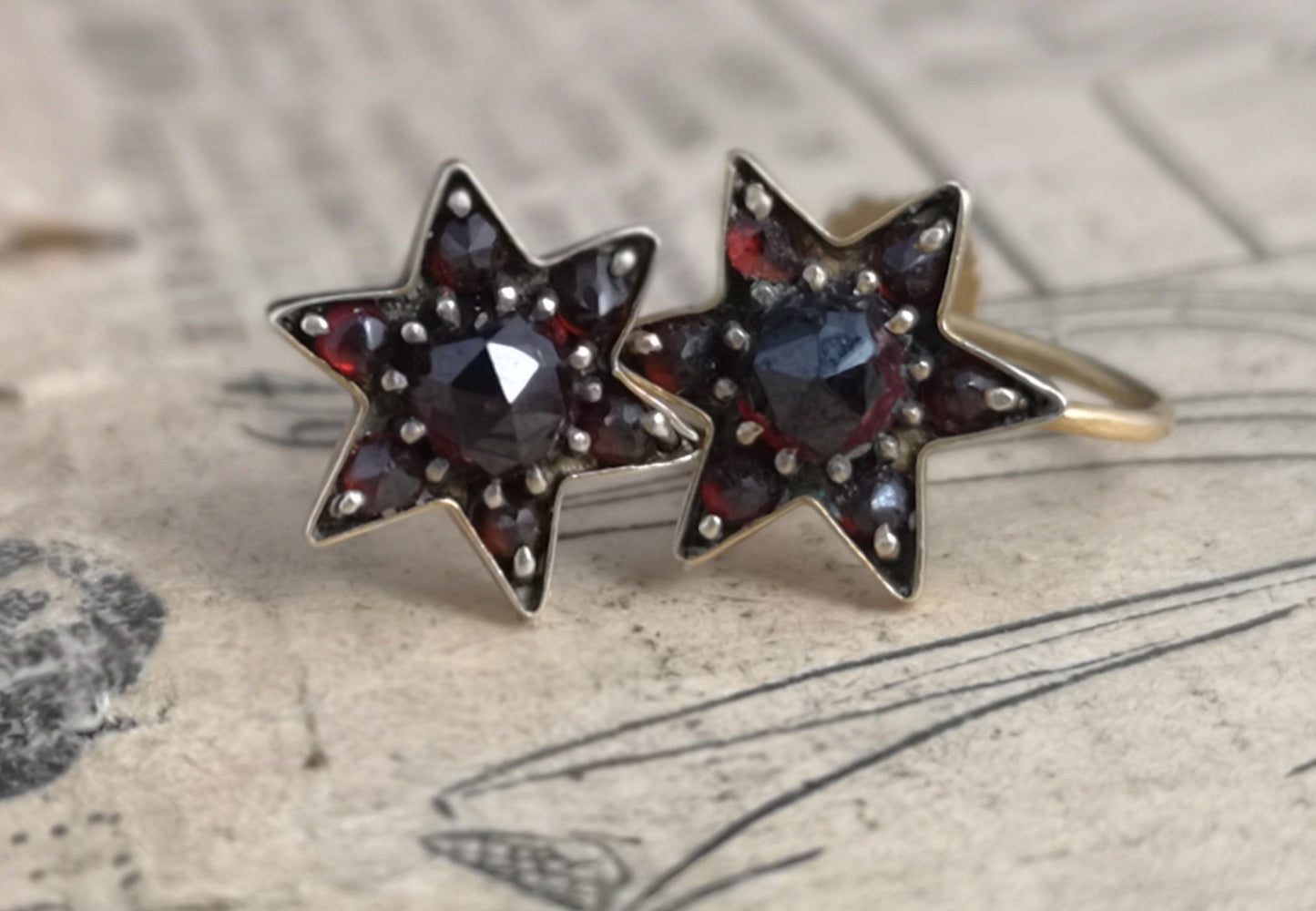 Antique Victorian bohemian garnet earrings, star, 9ct gold screw back