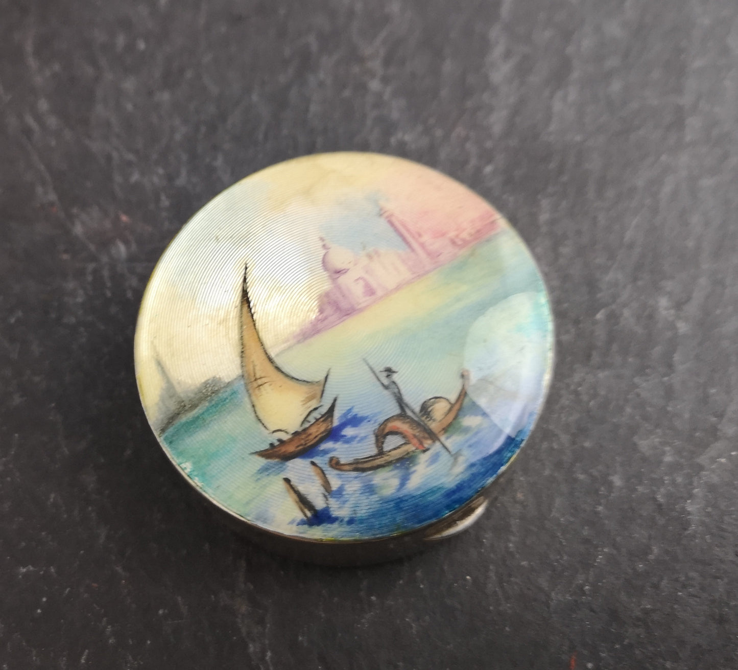 Vintage sterling silver and guilloche enamel box, hand painted scene, 1920's