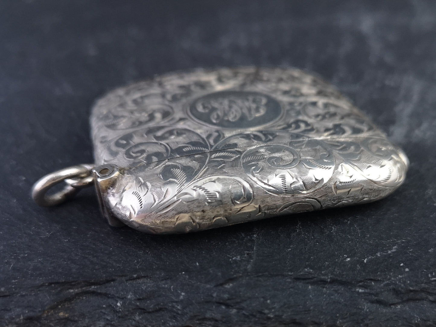 Antique sterling silver vesta case, engraved