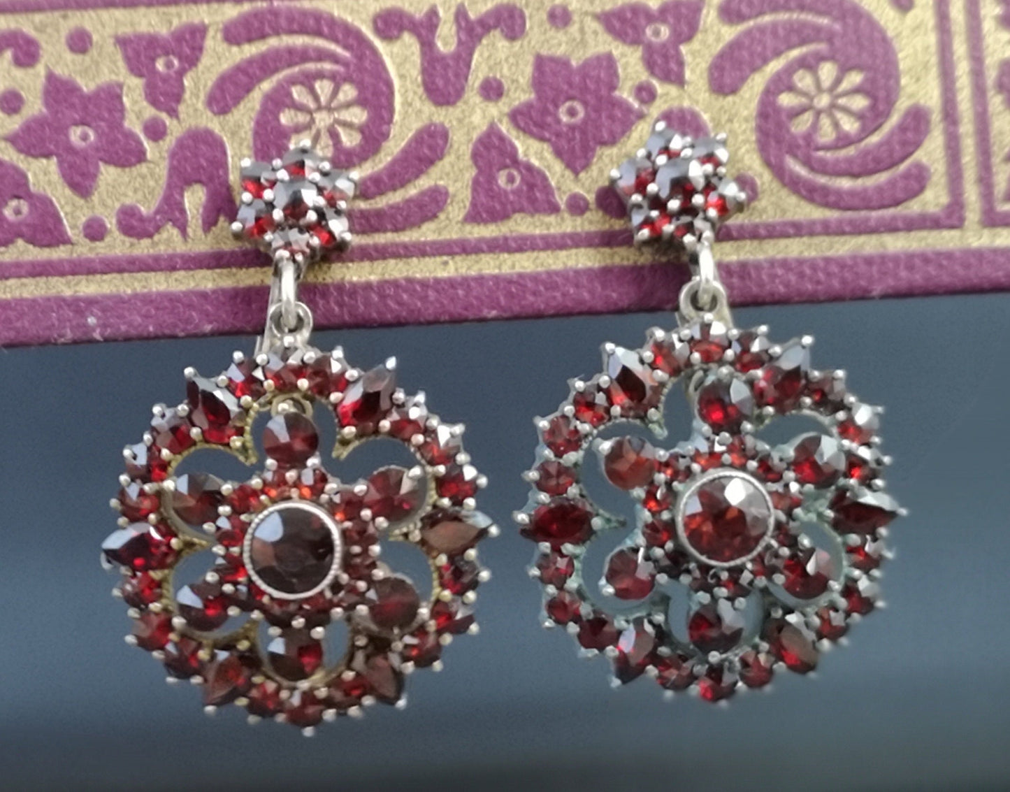 Antique Victorian bohemian garnet earrings, forget me not, dangly earrings