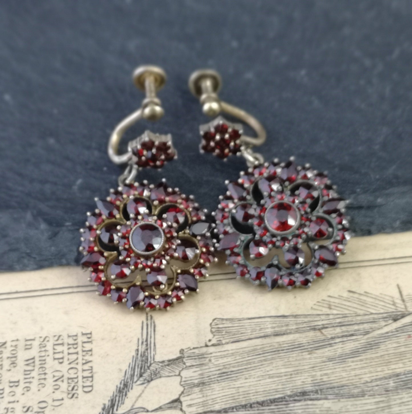 Antique Victorian bohemian garnet earrings, forget me not, dangly earrings