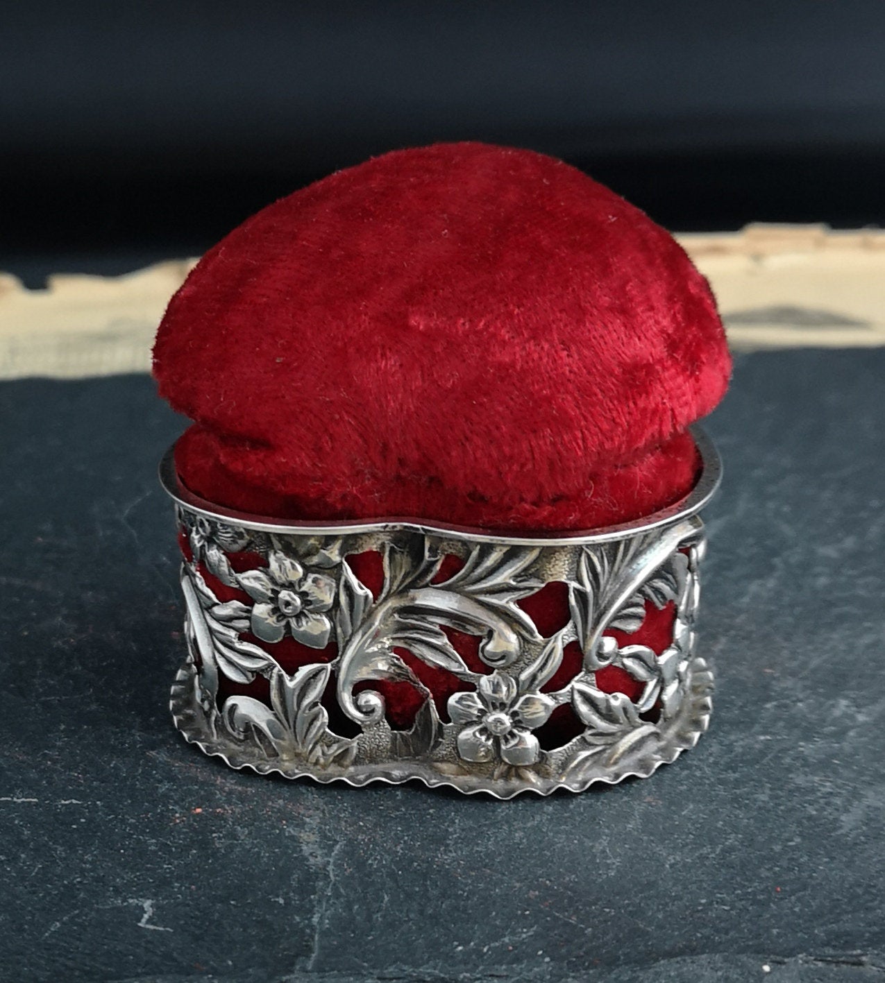 Antique Victorian silver and red velvet ring box