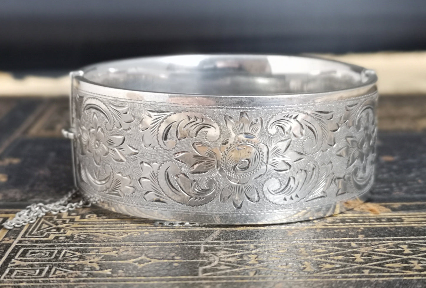Antique silver cuff bangle, Victorian floral aesthetic