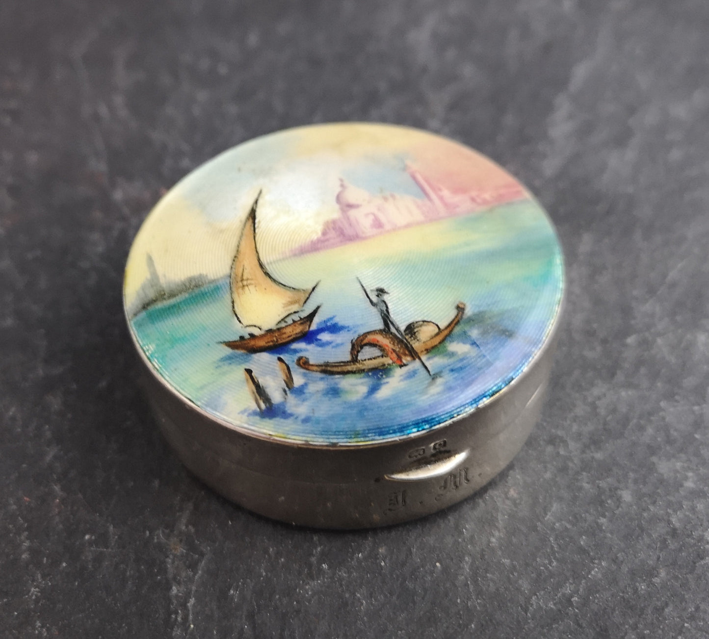 Vintage sterling silver and guilloche enamel box, hand painted scene, 1920's