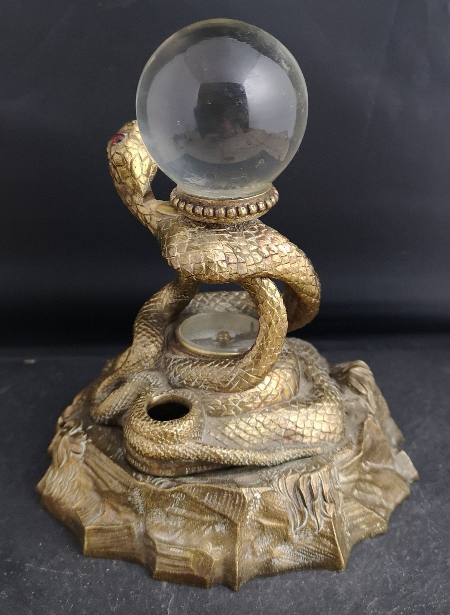 Antique bronze snake inkwell, crystal ball and compass, Rare signed
